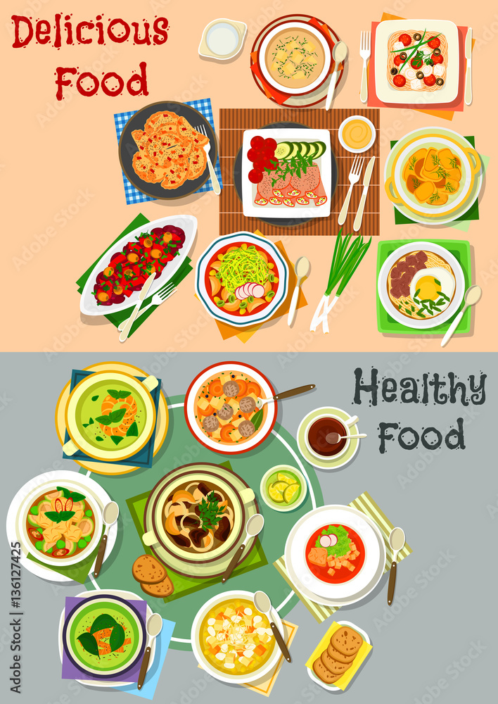 Lunch dishes top view icon set for menu design Lunch dishes top view icon set for menu design