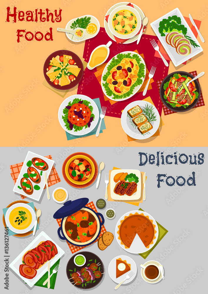Dinner menu icon set with main dishes and dessert Dinner menu icon set with main dishes and dessert
