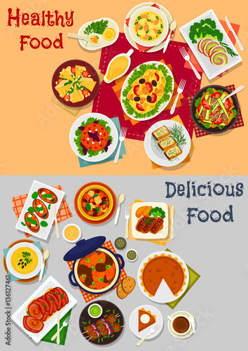 Dinner menu icon set with main dishes and dessert