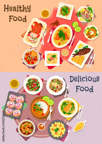 Meat dishes with seafood and veggies salad icon