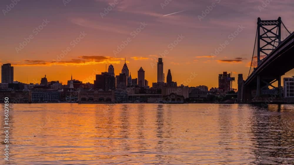 Philadelphia Pennyslvania Skyline with Benjamin Franklin Bridge, from Camden New Jersey, Sunset Timelapse Video