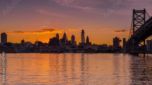 Philadelphia Pennyslvania Skyline with Benjamin Franklin Bridge, from Camden New Jersey, Sunset Timelapse Video