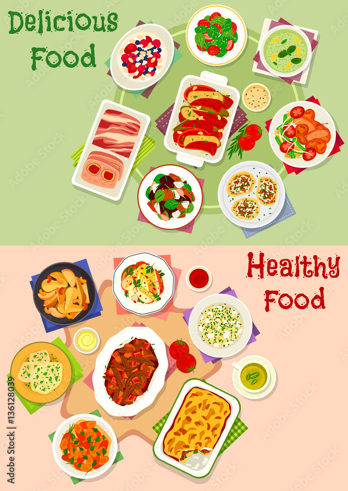 Dinner meal icon set for healthy food design