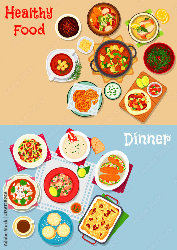 Lunch menu icon set with main dishes and dessert