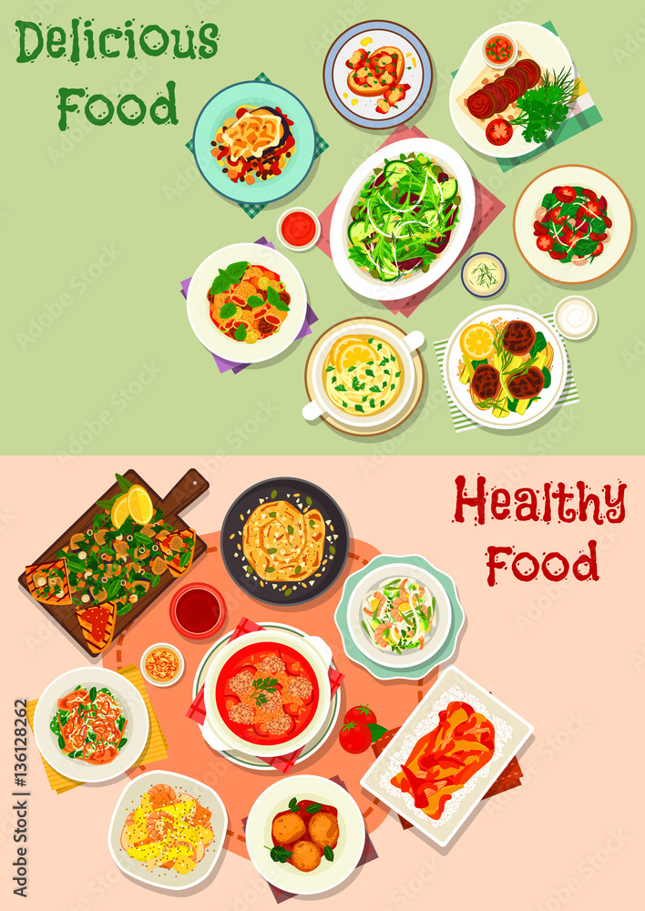 Dinner icon set with meat, vegetable and seafood Dinner icon set with meat, vegetable and seafood