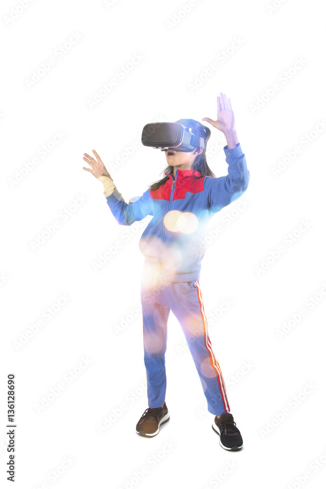 little girl with glasses of virtual reality. Future technology D little girl with glasses of virtual reality. Future technology D