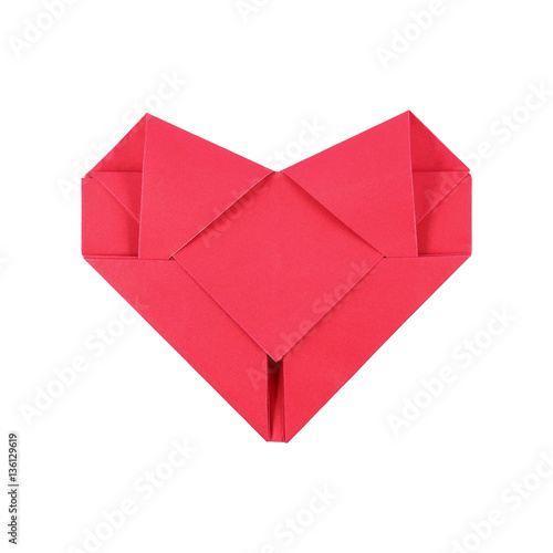 one folding red paper heart isolated on white