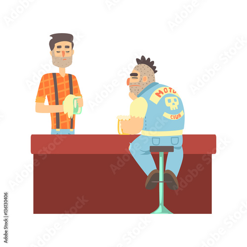 Lonly Biker Gang Member In Jeans Outfit At The Counter With Calm Barman, Beer Bar And Criminal Looking Muscly Men Having Good Time Illustration