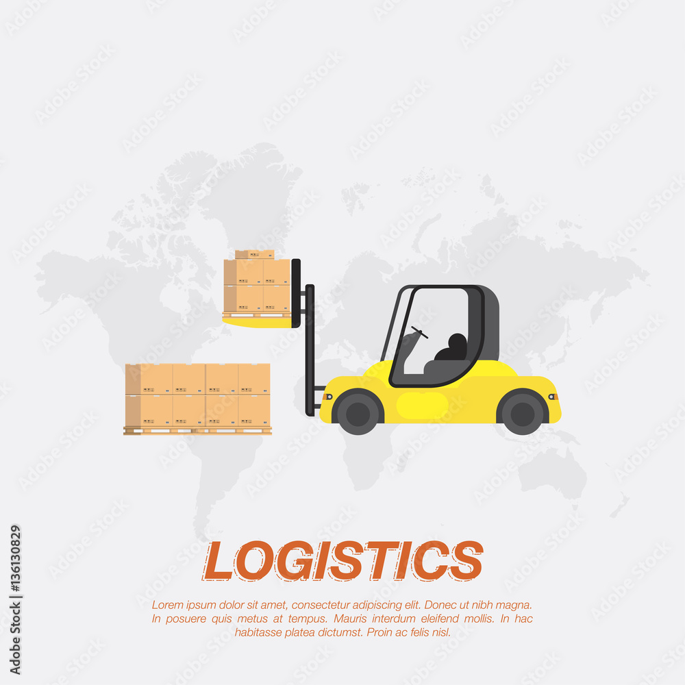 Yellow forklift loading boxes on a pallet. Logistic concept flat vector illustration for business in the background of the world map. Yellow forklift loading boxes on a pallet. Logistic concept flat vector illustration for business in the background of the world map.