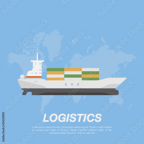 Ship with cargo containers in the background of the world map. Logistic concept flat vector illustration for business.