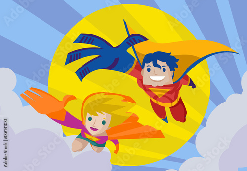 couple superhero hero flying in the sky