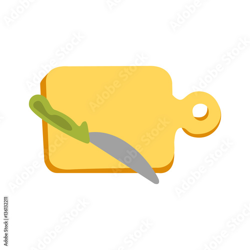 Cutting Board And A Knife With Green Handle Primitive Cartoon Icon, Part Of Pizza Cafe Series Of Clipart Illustrations