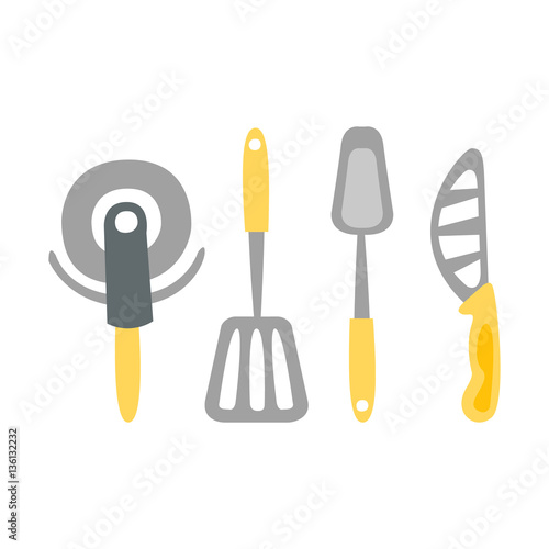 Set Of Kitchen Utensils And Different Knives Primitive Cartoon Icon, Part Of Pizza Cafe Series Of Clipart Illustrations