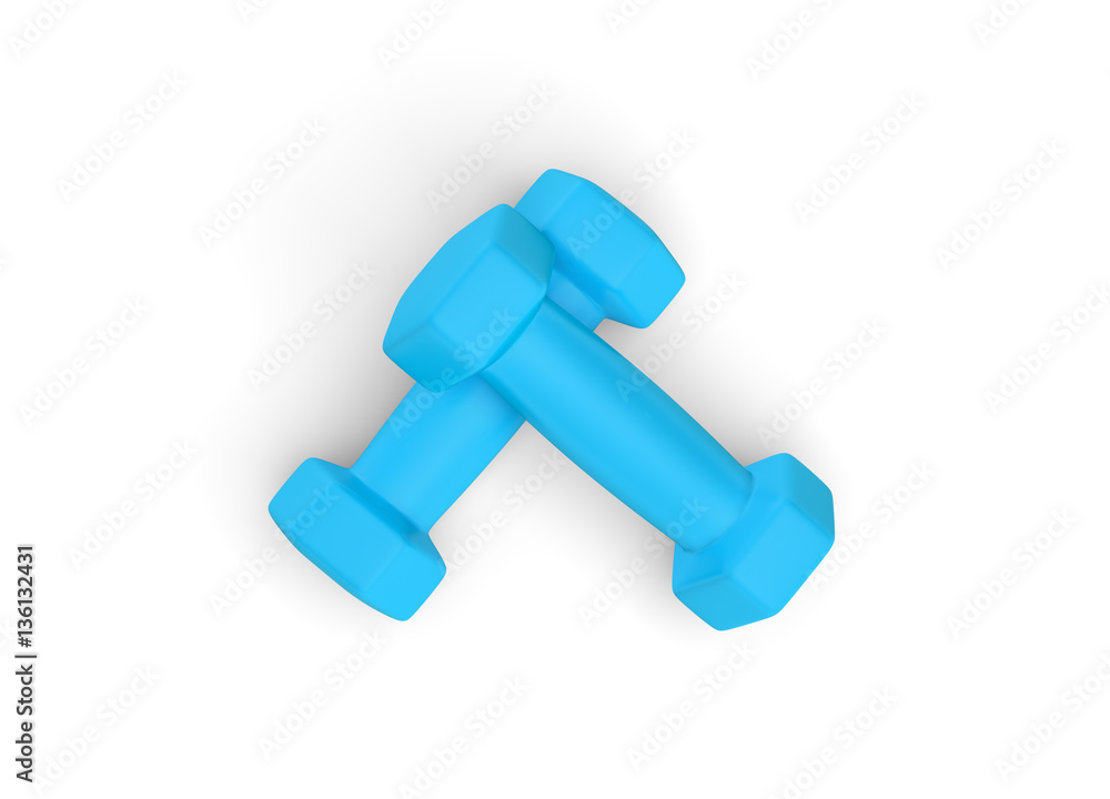 Rendering pair of blue light weight dumbbells isolated on white background. Rendering pair of blue light weight dumbbells isolated on white background.