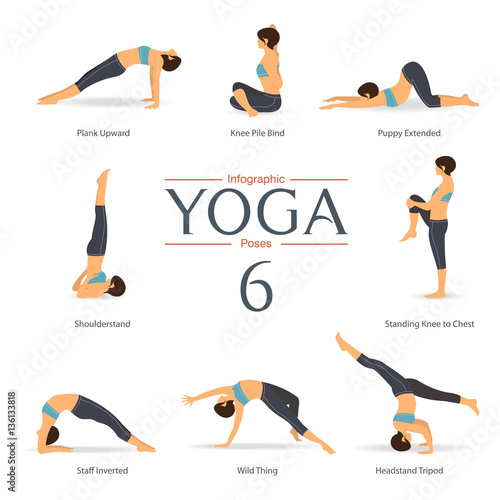 Set of yoga poses in flat design . Yoga infographics. Vector Illustration.