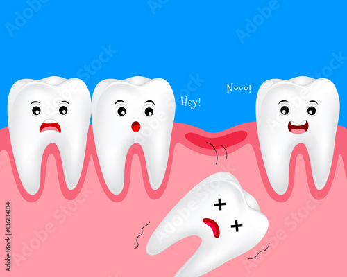 Cute cartoon tooth character. Lost baby teeth concept. Dental care illustration.