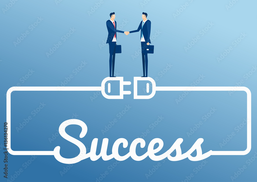 Business connection, partnership, cooperation interaction and teamwork concept. Two businessman handshaking corporate partnership stand on huge wired electrical plug and socket with word SUCCESS. Cart Business connection, partnership, cooperation interaction and teamwork concept. Two businessman handshaking corporate partnership stand on huge wired electrical plug and socket with word SUCCESS. Cart