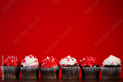 cupcakes set many for valentines on red close up heart dark