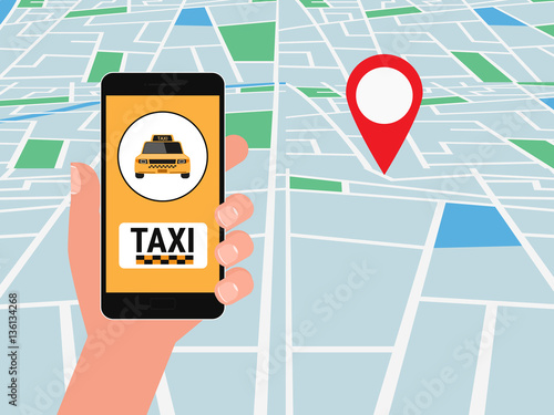 Hand holding smartphone. Taxi service application on a screen and location pointer on street map. Smart taxi service concept, yellow cab, car. Cartoon Vector Illustration.