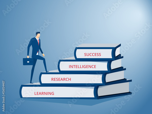 Businessman walking on stair step made of books to success. Staircase to success. Cartoon Vector Illustration.