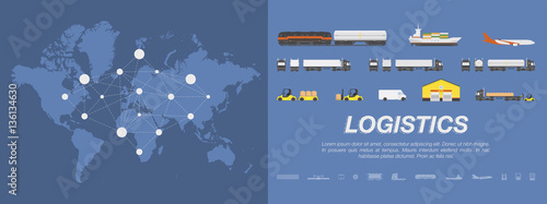 Set transport for transportation of goods. Land transportation, air and sea freight. Logistic concept flat vector illustration for business on a world map background.