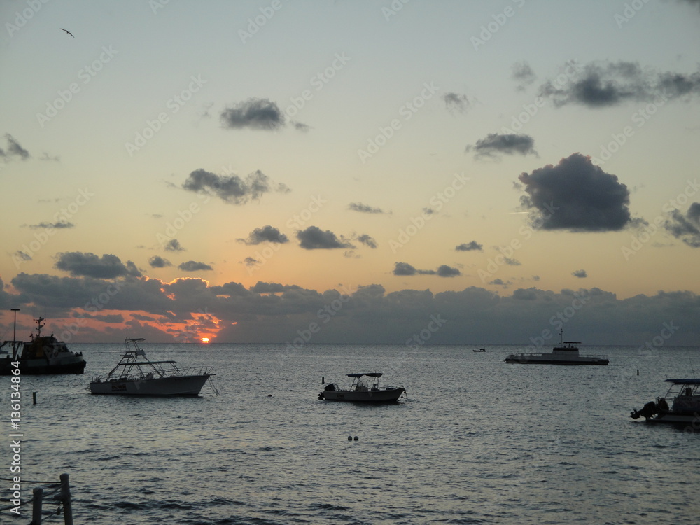 Ocean Sunset Scenery with Boats