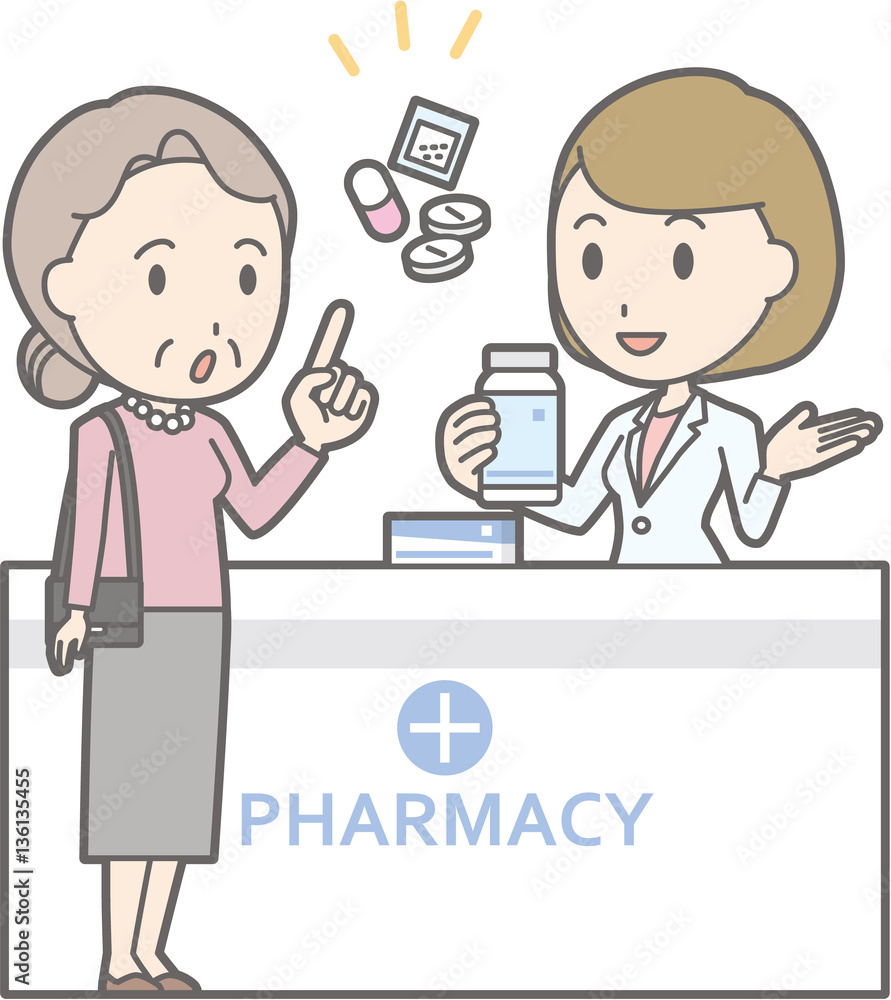 Illustration that a old woman consults a female pharmacist Illustration that a old woman consults a female pharmacist