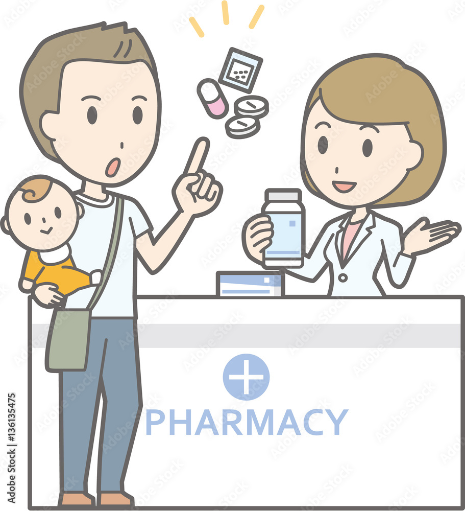 Illustration that a man holding a baby consulting a female pharm Illustration that a man holding a baby consulting a female pharm