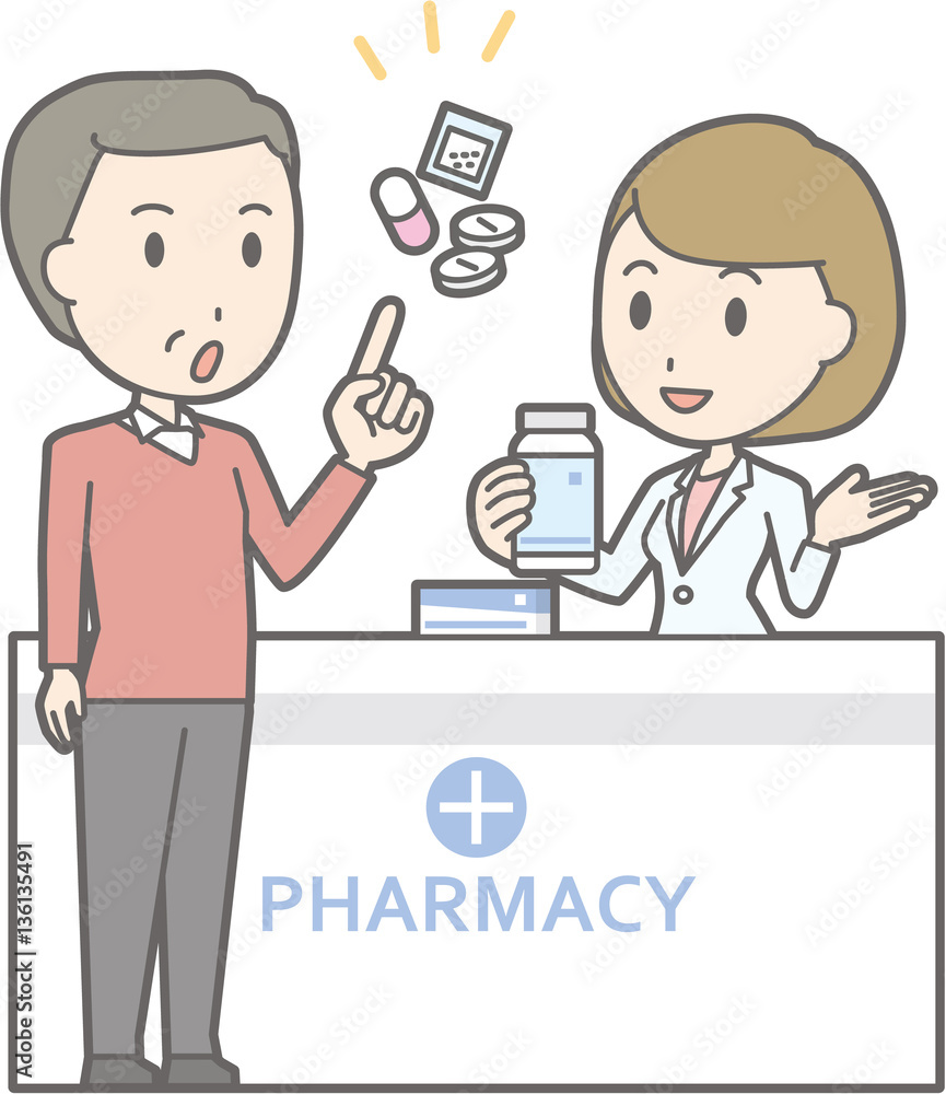 Illustration that a middle-aged man consulting a female pharmaci Illustration that a middle-aged man consulting a female pharmaci