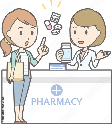 Illustration that a young woman consults a female pharmacist