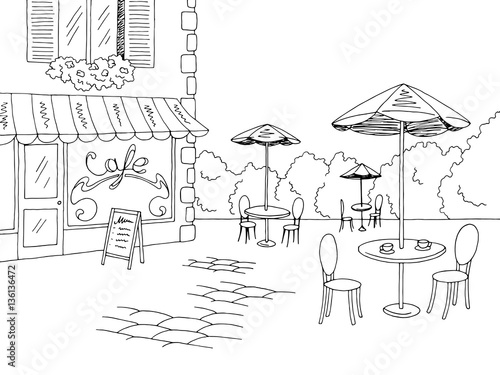 Street cafe graphic black white sketch illustration vector