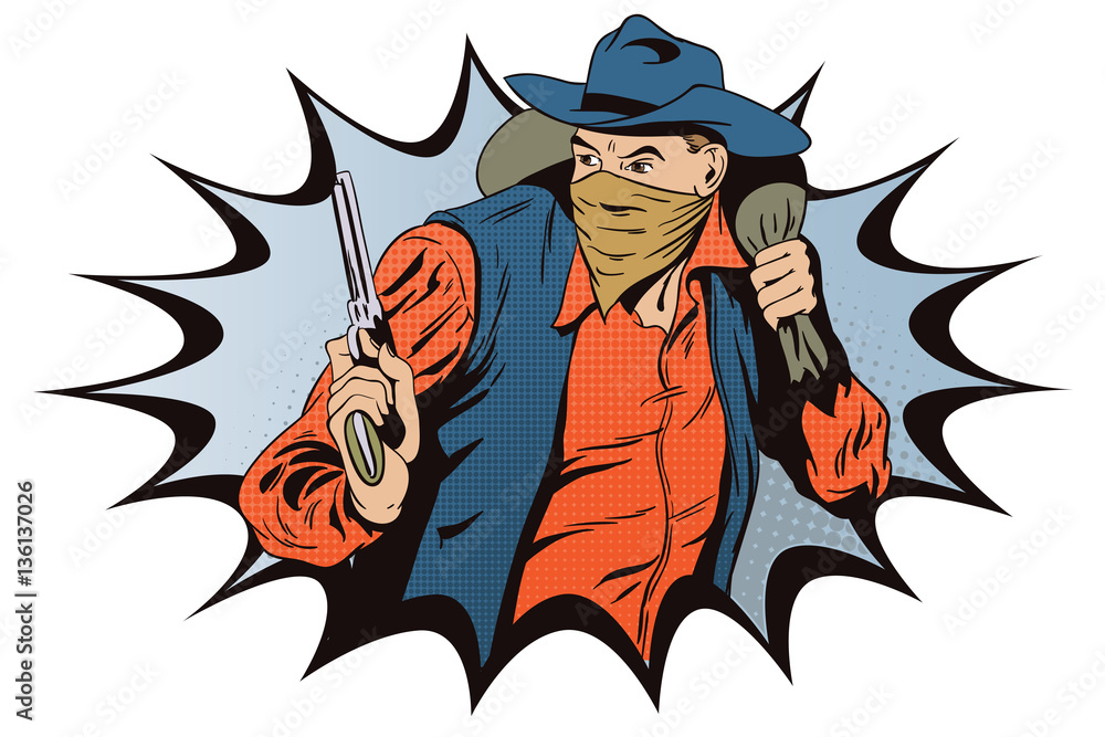 Robber running away with money. Cowboys wild west. Robber running away with money. Cowboys wild west.