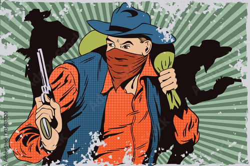 Robber running away with money. Cowboys wild west.