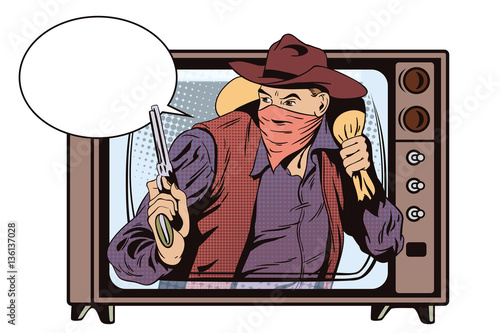 Robber running away with money. Cowboys wild west.