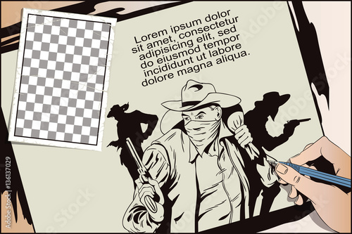 Robber running away with money. Cowboys wild west.