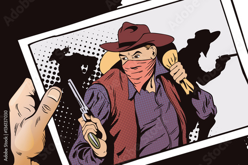 Robber running away with money. Cowboys wild west.