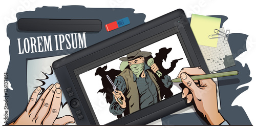 Robber running away with money. Cowboys wild west.