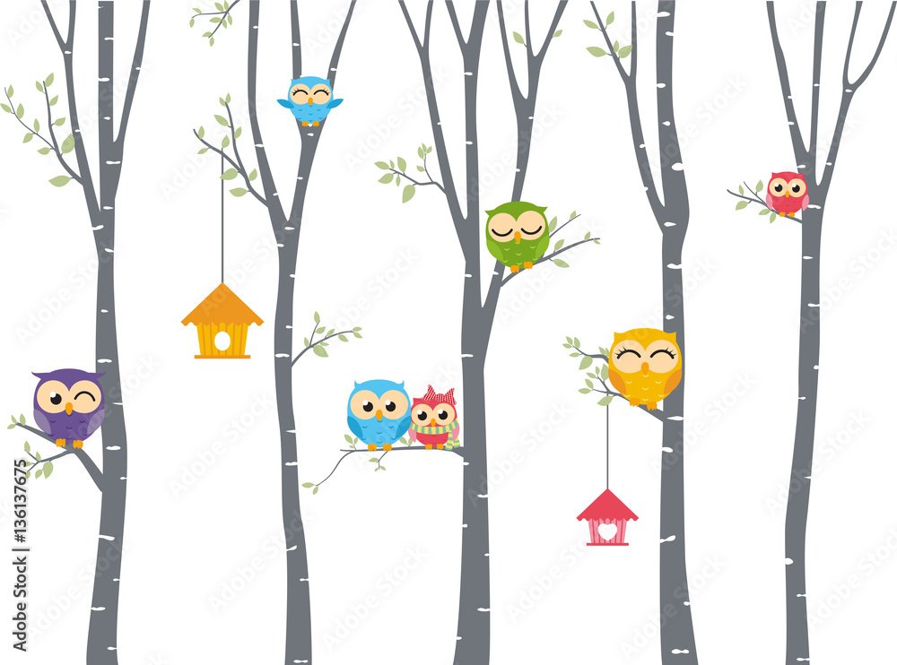 Fototapeta premium Happy Owl background with tree branch 