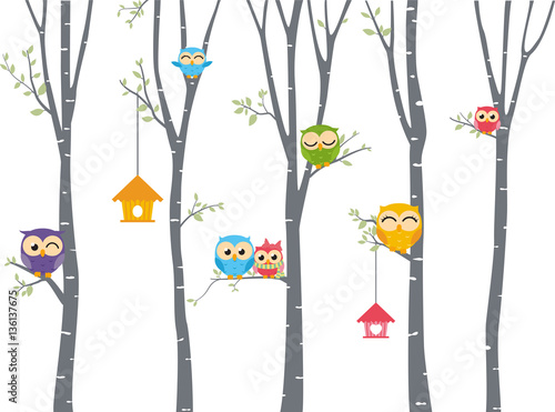 Happy Owl background with tree branch 