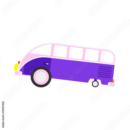 Colorful cartoon travel bus. Surfing retro buses in different colors. Set of recolored traveler coach camper flat style icons isolated on white. Family summer bus in classic colors, vector.