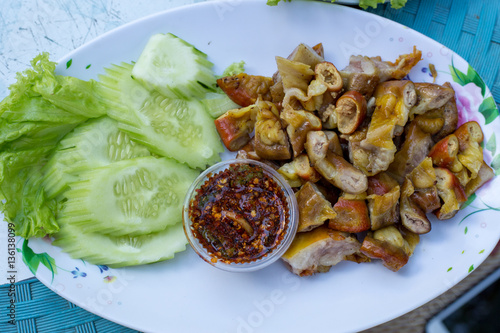 Grilled pork intestine,Street Thai food