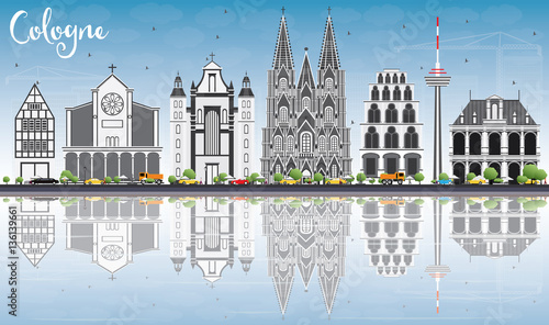 Cologne Skyline with Gray Buildings, Blue Sky and Reflections.