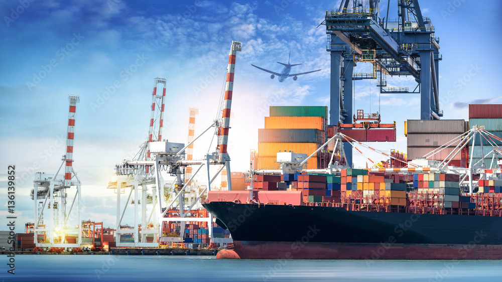 Logistics and transportation of International Container Cargo ship and cargo plane in the ocean at twilight sky, Freight Transportation, Shipping Logistics and transportation of International Container Cargo ship and cargo plane in the ocean at twilight sky, Freight Transportation, Shipping