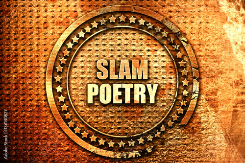 Photos slam poetry, 3D rendering, text on metal
