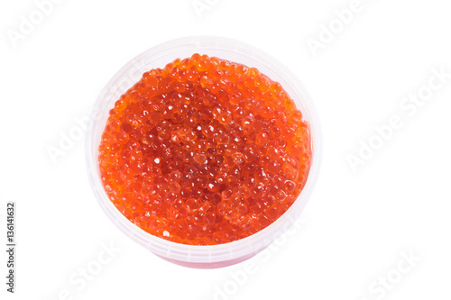 Bank with red caviar on a white background