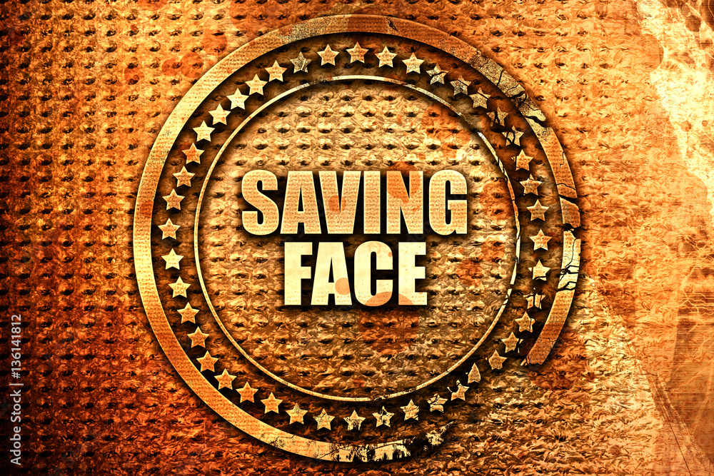saving face, 3D rendering, text on metal