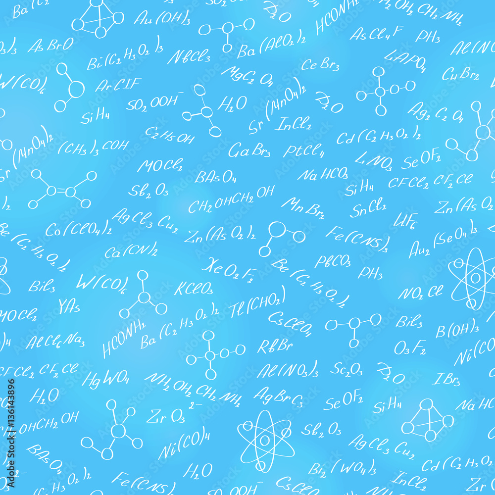 Seamless pattern on the theme of the subject of chemistry, hand-written formulas of substances, and images of molecules on a blue background