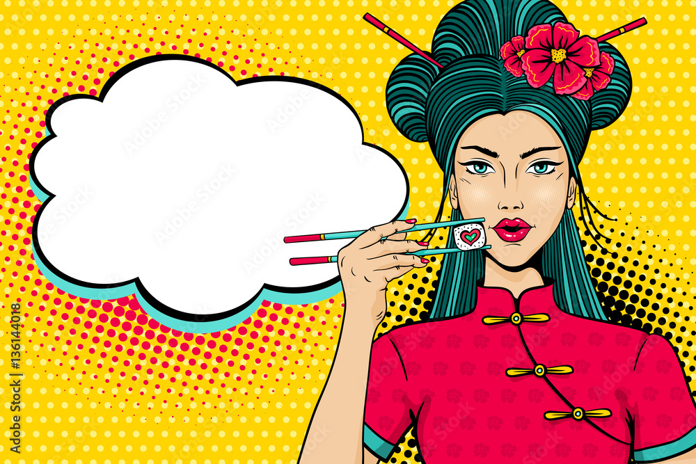 Pop Art Face Young Sexy Asian Woman With Open Mouth Holding Chopsticks With Roll In Form Of 6589