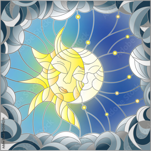 Illustration in stained glass style , abstract sun and moon in the sky