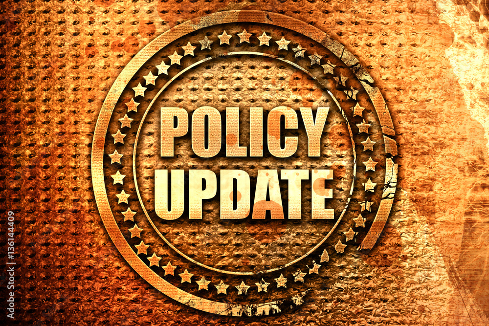 policy update, 3D rendering, text on metal